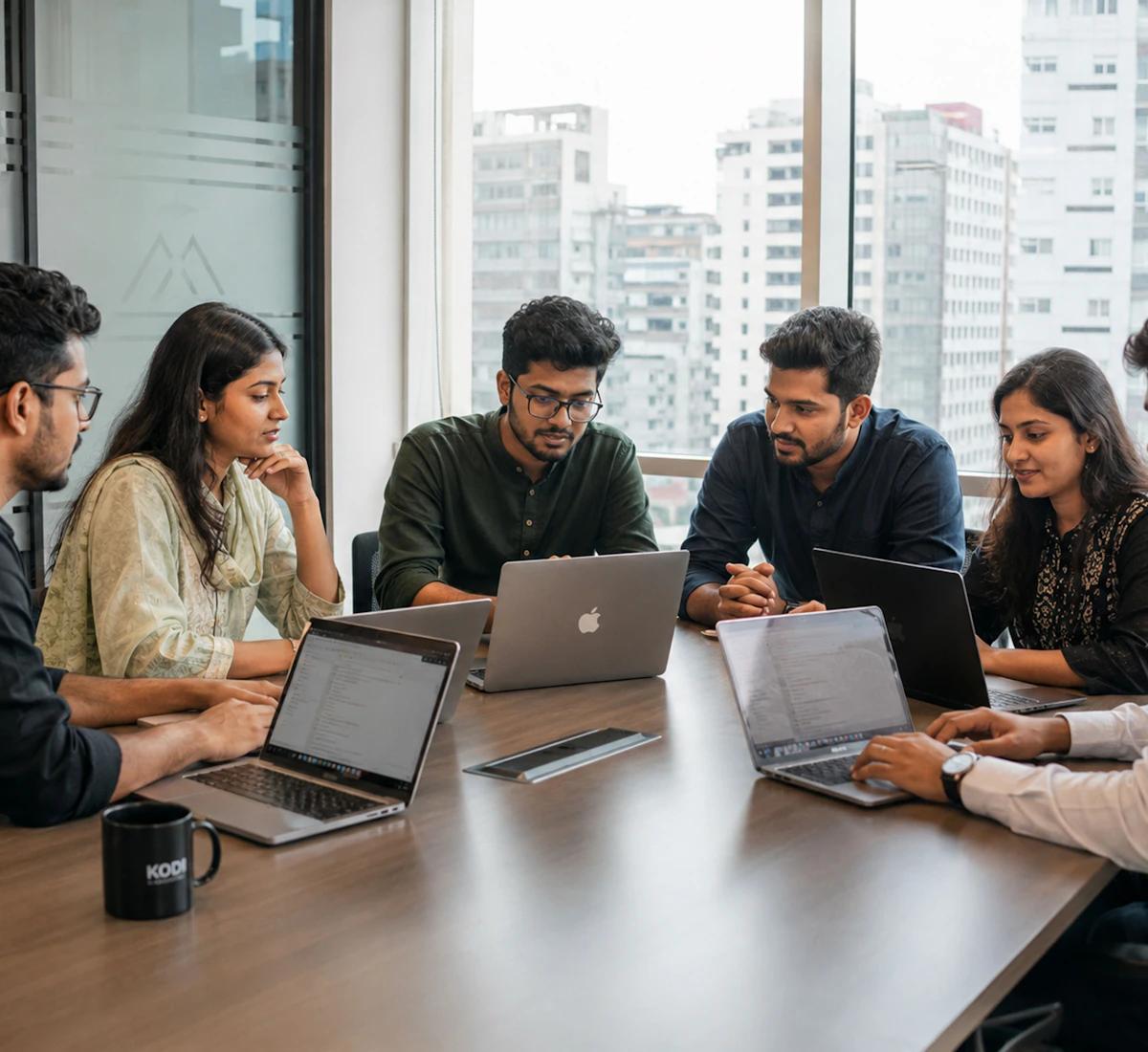 Business professionals planning together around laptops